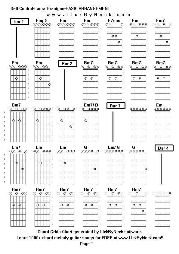 Chord Grids Chart of chord melody fingerstyle guitar song-Self Control-Laura Branigan-BASIC ARRANGEMENT,generated by LickByNeck software.